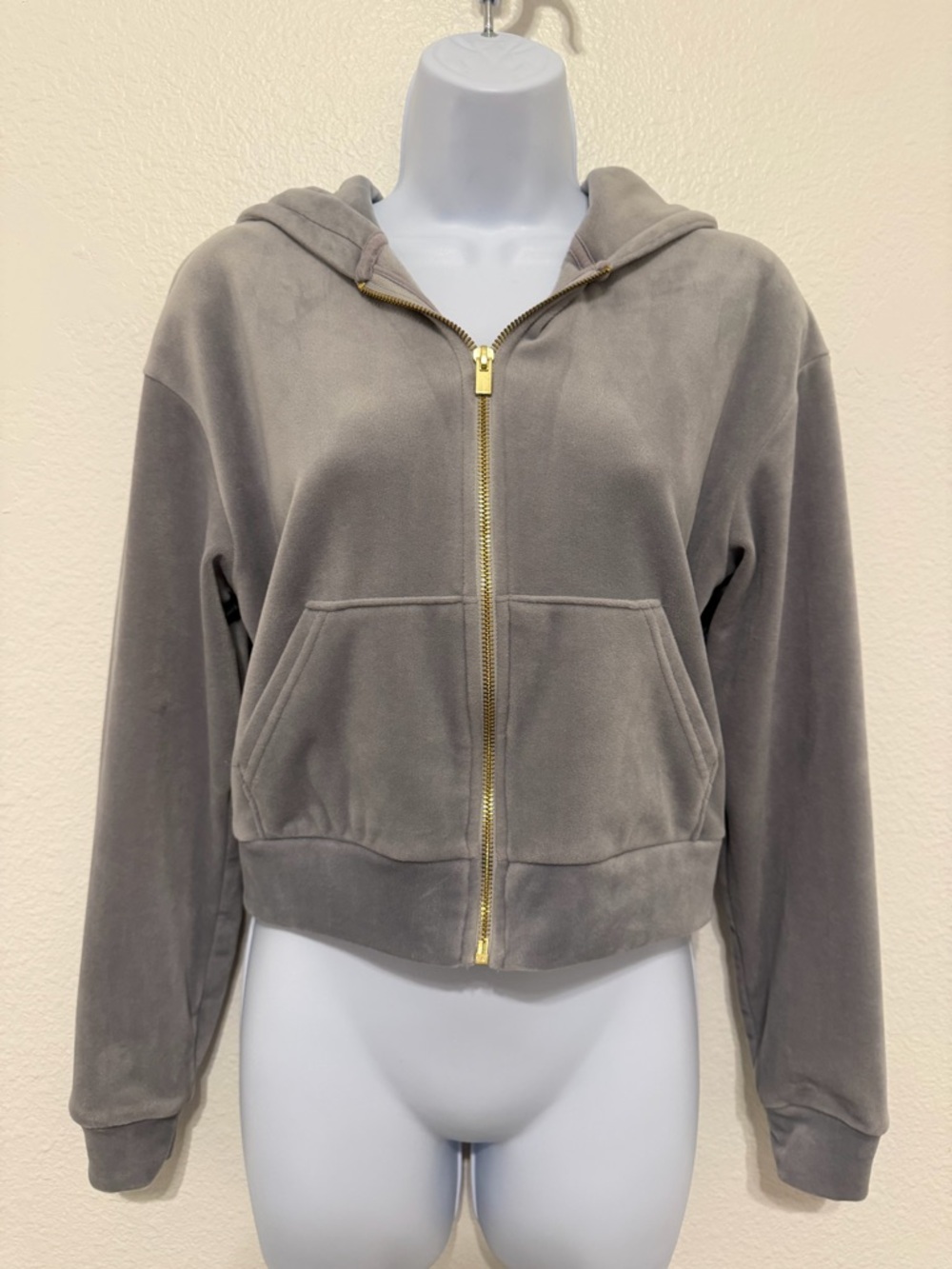Express Light Gray Y2K Velour Hoodie with Gold Metallic Zipper